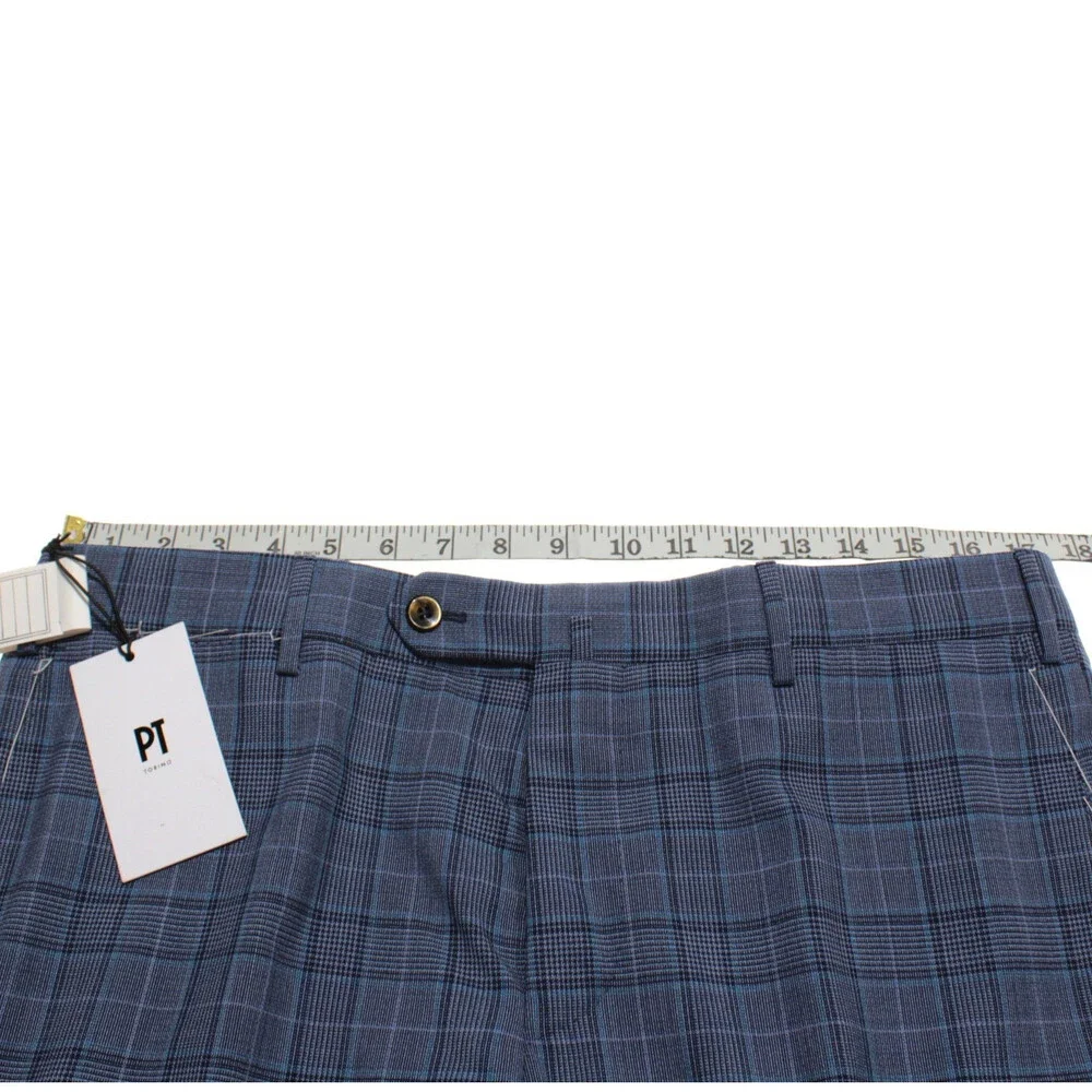 PT Torino NWT Dress Pants Size 50 (US 34) Slim Fit Super 110's Blue Plaid Wool